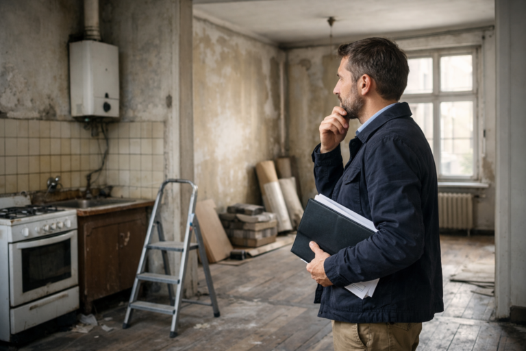 Acheteur immobilier analysant un appartement à rénover pour estimer les travaux avant de signer une promesse de vente